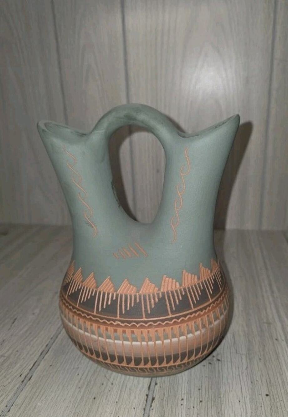Vintage 99' Navajo Native American Pottery Wedding Double Vase Jug 8” Signed